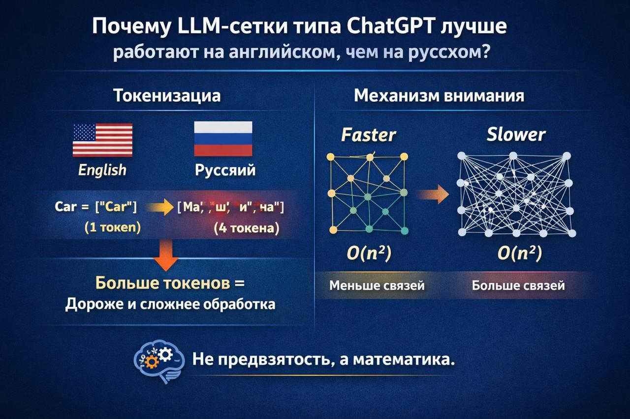 Иллюстрация к материалу «Почему LLM-сети типа ChatGPT лучше работают на английском, чем на русском»